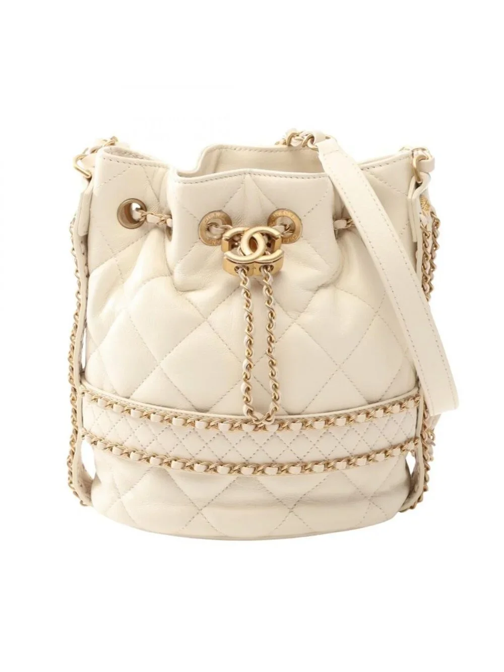 Chanel Shoulder Bag Quilted Drawstring Off White Lambskin